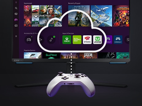 A gaming controller floats in front of a gaming monitor. The screen shows a variety of gaming content and game selections.