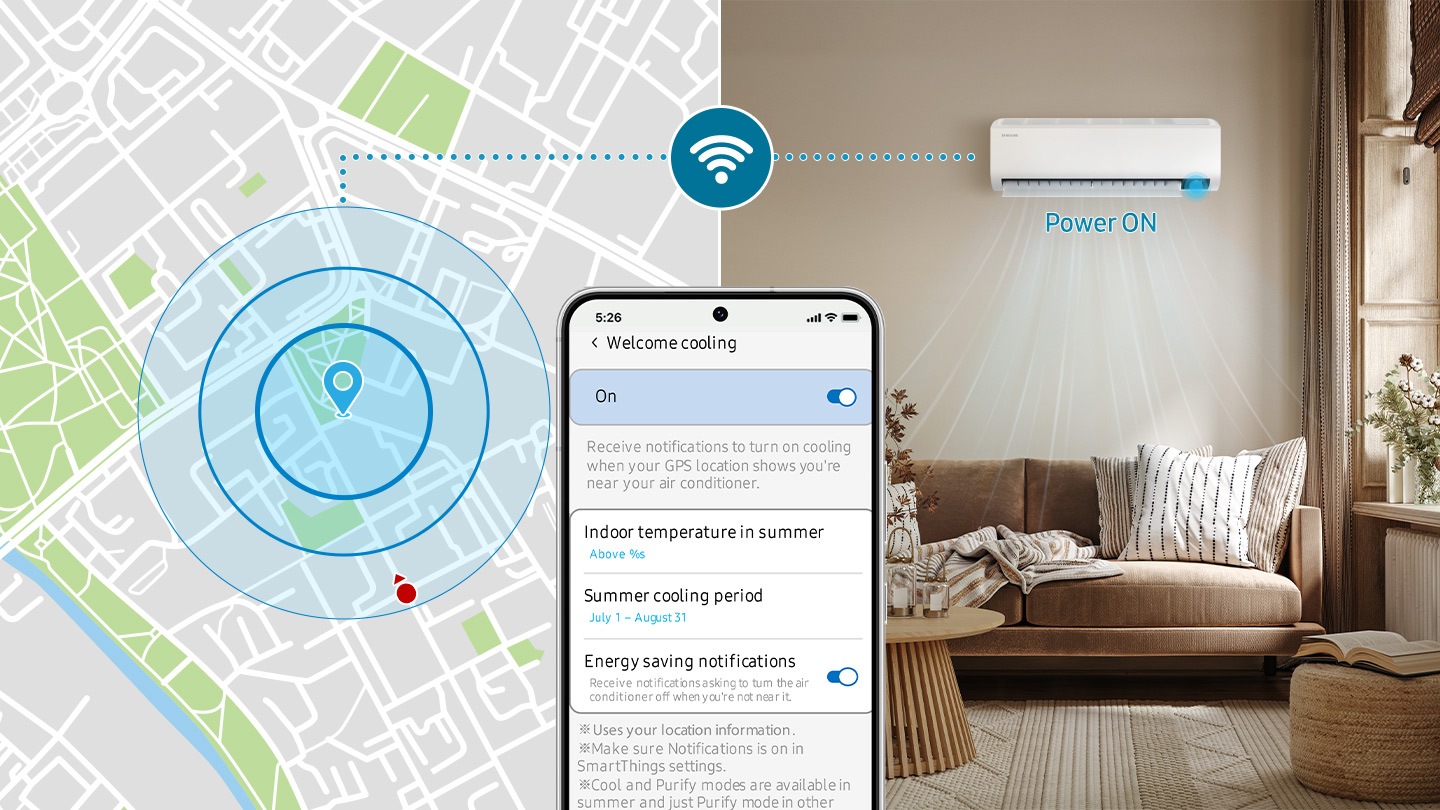 Shows a wall-mounted air conditioner cooling a living room. A wireless symbol and dotted line to a street map show that it can track your phone’s GPS location. It also shows an App that you can use to activate Welcome Cooling. When this is switched on, it will automatically turn the air conditioner’s power on when you are near to your home.