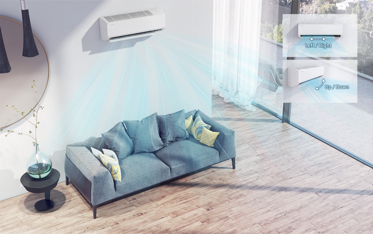 shows a wall-mounted air conditioner and illustrates how the direction of the air flow can be adjusted in 4 directions, horizontally (left to right) and vertically (up and down), to distribute air across a room quickly and evenly.