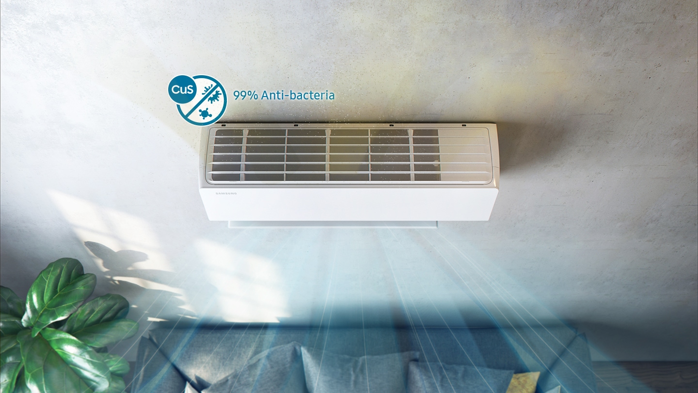 Shows how the Copper Anti-bacterial Filter on the top of the air conditioner helps eliminate up to 99&#37" of airborne bacteria.