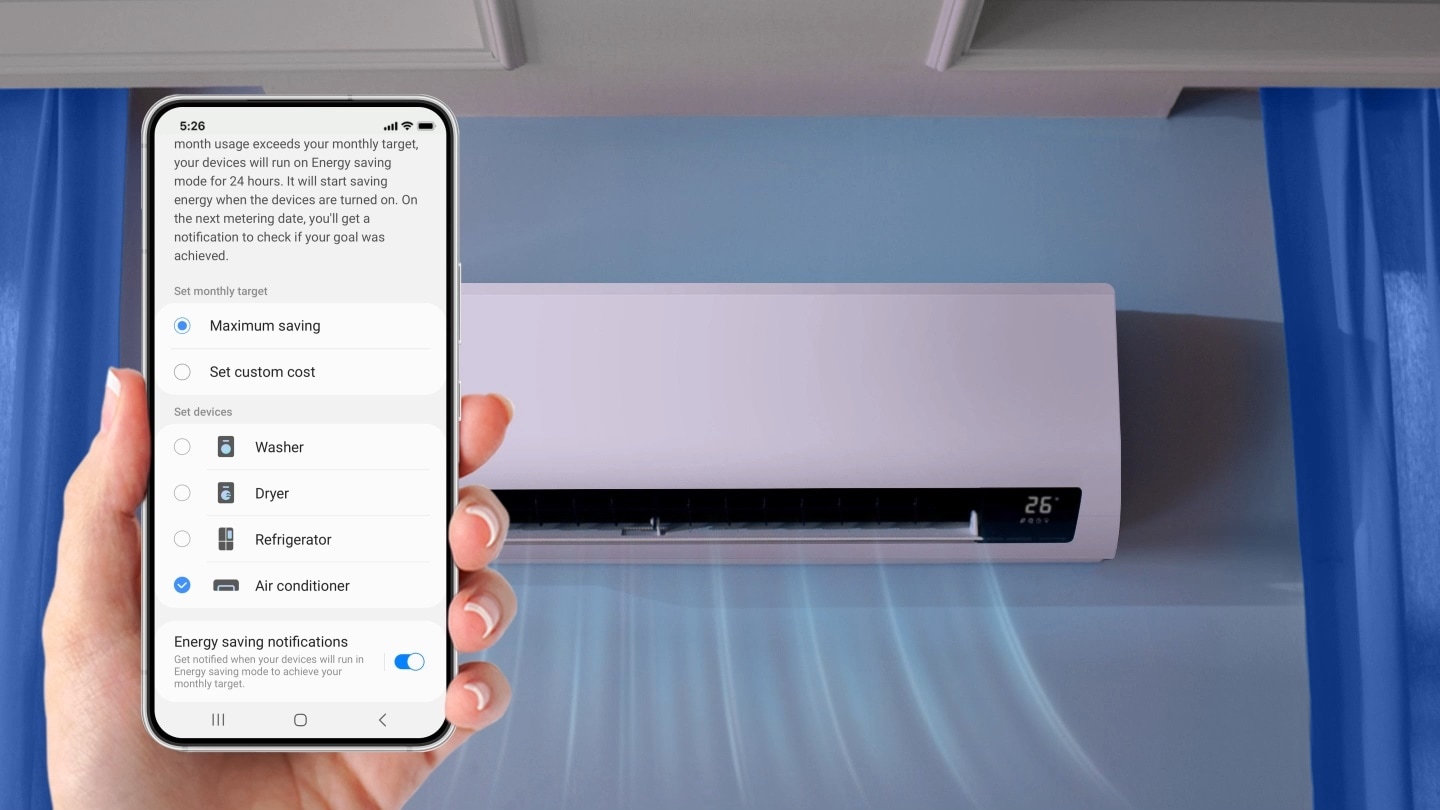 It shows how to select AI Auto mode on the remote control. It then shows how to turn the AI Energy mode on/off, set a monthly saving target, and select the devices to control. It shows a wall-mounted air conditioner working in a living room and the text says ""Up to 20% energy saving with AI"".
