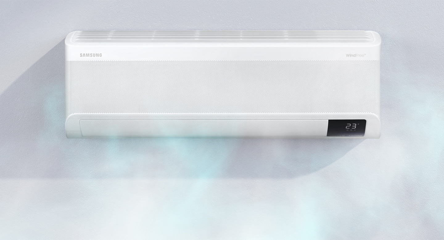 Shows a wall-mounted air conditioner gently and quietly dispersing cool air through WindFree™ Cooling’s 23,000 micro air holes.
