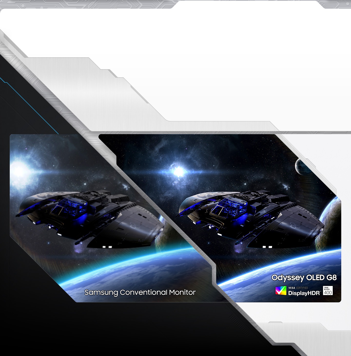 An outer space scene, dissected down the middle of the screen, with a black and blue spaceship flying over and past three planets with stars in the background. The text overlay on the space scene reads, “Samsung Conventional Monitor” on the bottom left, and “VESA CERTIFIED DisplayHDR True Black 400” on the bottom right along with “Odyssey OLED G8” directly above.