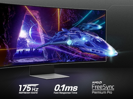An Odyssey monitor is shown standing on a surface with a spaceship flying away from a nighttime city scene, through a cave, and off the screen. The text around the monitor communicates the specs: “175Hz refresh rate, 0.1ms GTG fast response time, and AMD FreeSync Premium.”