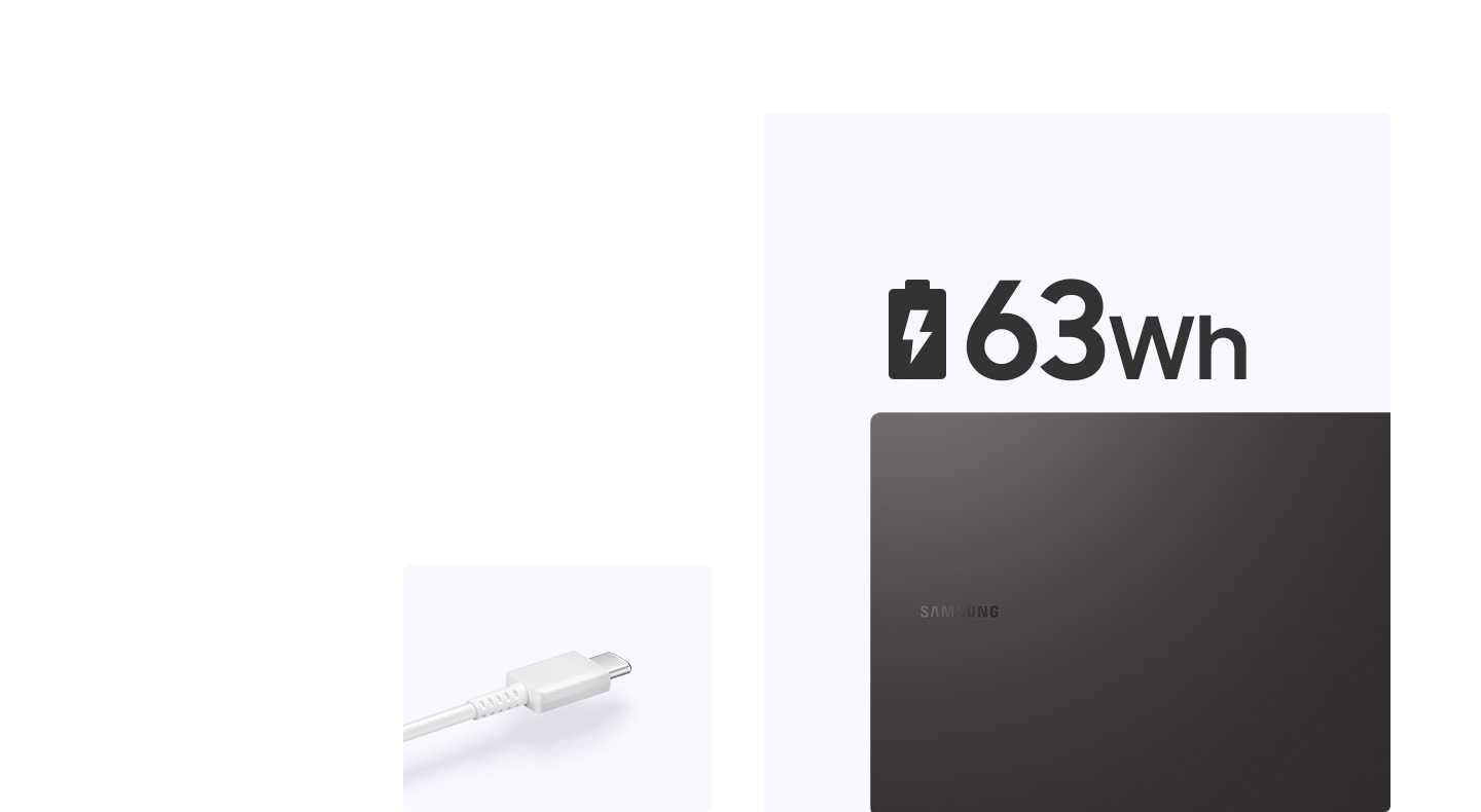 A white USB Type-C cable is on the left and the top cover of a burgundy-colored Galaxy Book2 Pro is on the right with the Samsung logo facing the front. Above the PC is a battery charging symbol next to the text 63Wh.