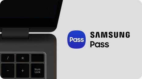 A top close-up view of the right side of a graphite Galaxy Book3 360, open and facing forward. On the right, a Samsung Pass logo is shown next to the Samsung Pass text.