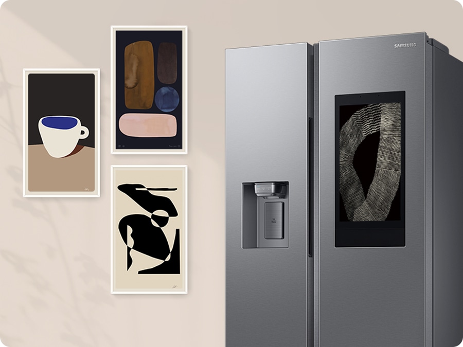 An art painting is displayed on the refrigerator door screen as if you are in an art gallery.
