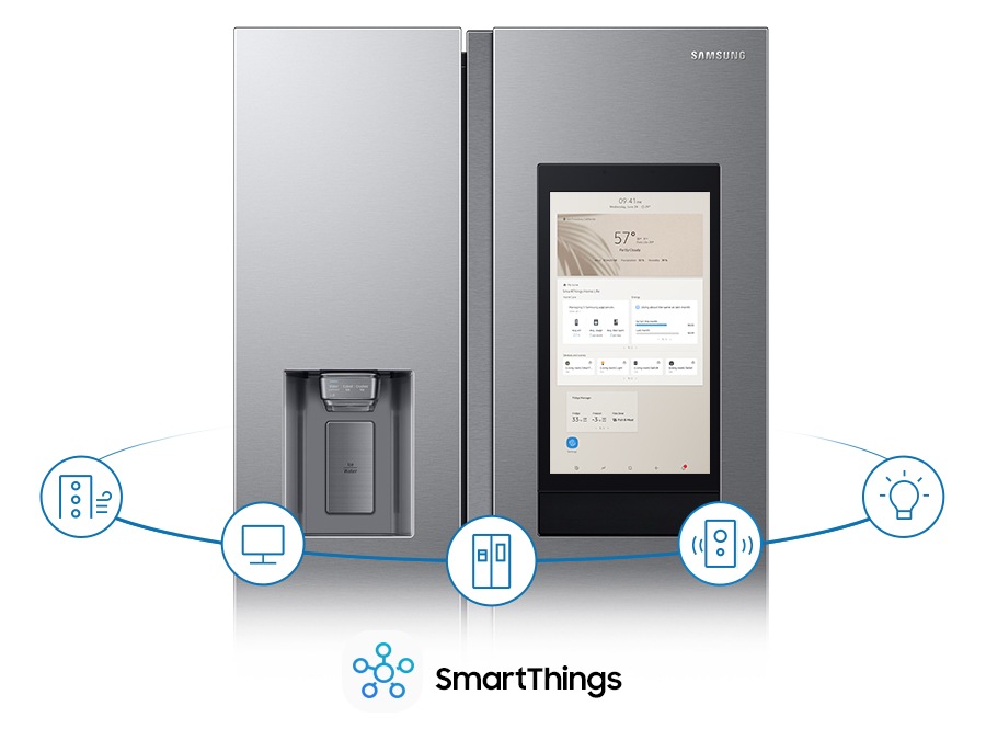 the icon shows a function of smartthings. the family hub screen displays the screen of smartthings app.