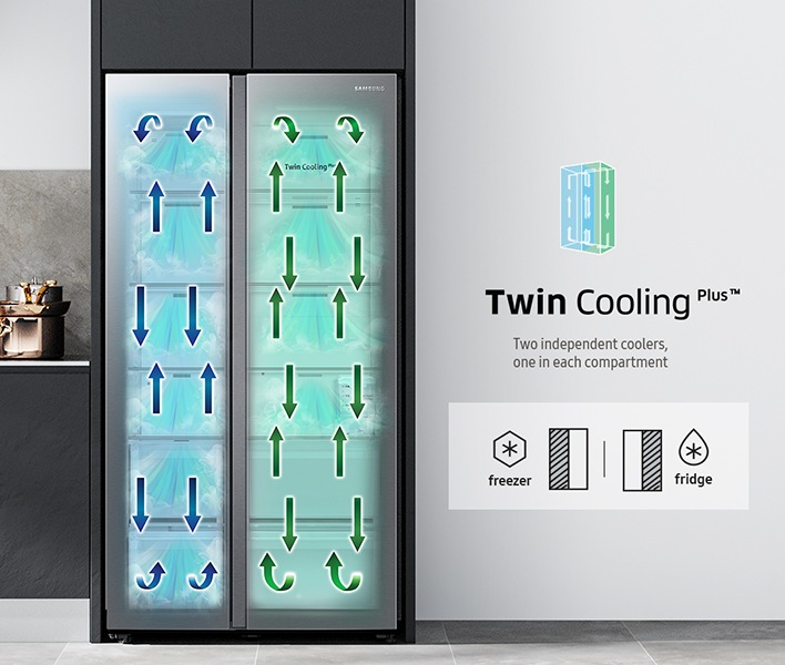 RS8000CCH has two cooling systems inside with freezing at the left side, refrigeration at the right side.