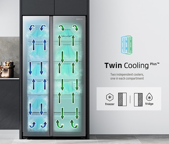 RS8000CCH has two cooling systems inside with freezing at the left side, refrigeration at the right side.
