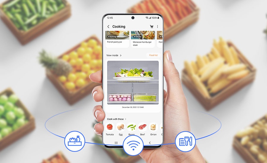 You can see a list of foods in the refrigerator in SmartThings Cooking. 
