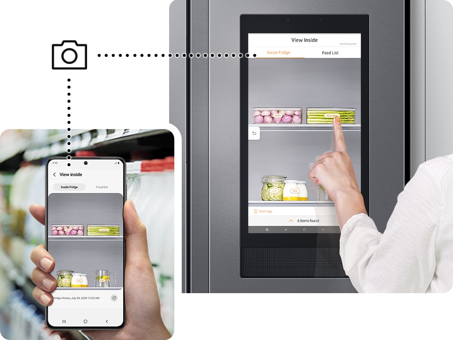 A person views the food inside the fridge through the refrigerator door screen and on the smartphone.