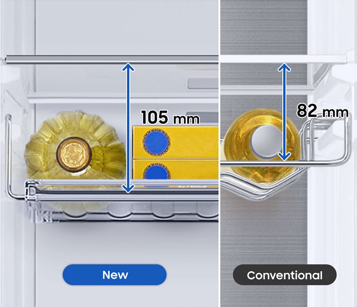 Compared to the 82mm high conventional model, RS8000CCH’s 105mm Wine Shelf allows storing larger bottles and food.