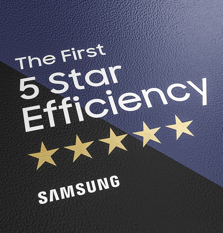 On a dark blue background, it reads "The First 5 star effectiveness" and "Samsung" in white. Five gold stars are listed below the phrase.