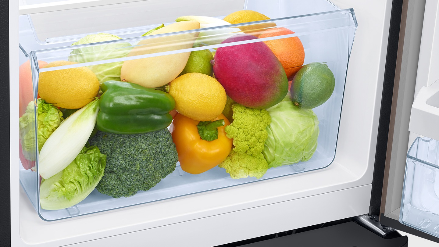 About 20 vegetables and fruits, including mangoes, cabbages, broccoli, and oranges, are contained in transparent Vege boxes.
