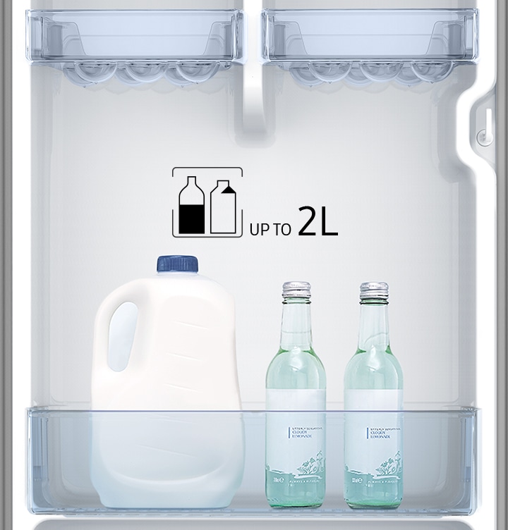 The depth and width of the door-bin are large enough to have room to spare even after storing the bulky milk pack and two bottle of sparkling soda.