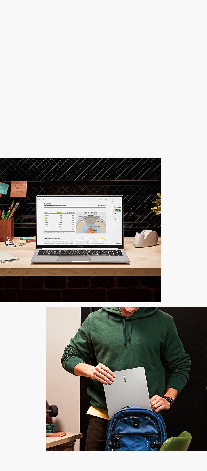 A silver Galaxy Book3 is placed on an office desk, open and facing forward with the Samsung Notes application open onscreen. A young man dressed casually is putting the light and compact silver-colored Galaxy Book3 into his backpack.