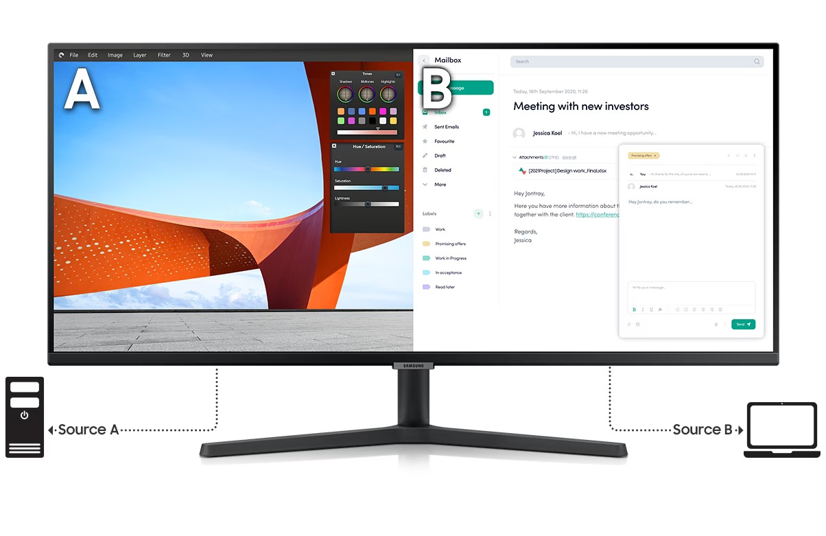 The monitor is split into two, with one larger section and one smaller section in the bottom right corner of the display, demonstrating the PIP capability. The main screen connects to the desktop which labelled as 'Source A' and the other sub screen connects to the laptop which is 'Source B.'