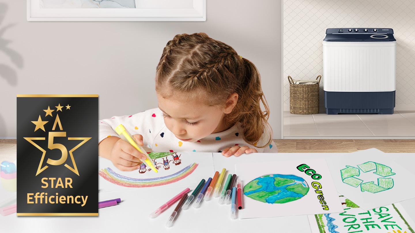 A child is drawing an image related to energy saving, and the WT4000AM product stands behind her. The 5-star efficiency logo is on the side.