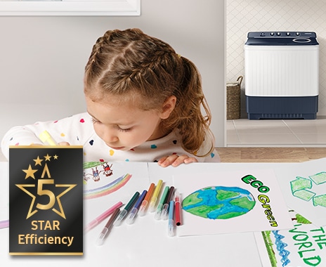 A child is drawing an image related to energy saving, and the WT4000AM product stands behind her. The 5-star efficiency logo is on the side.