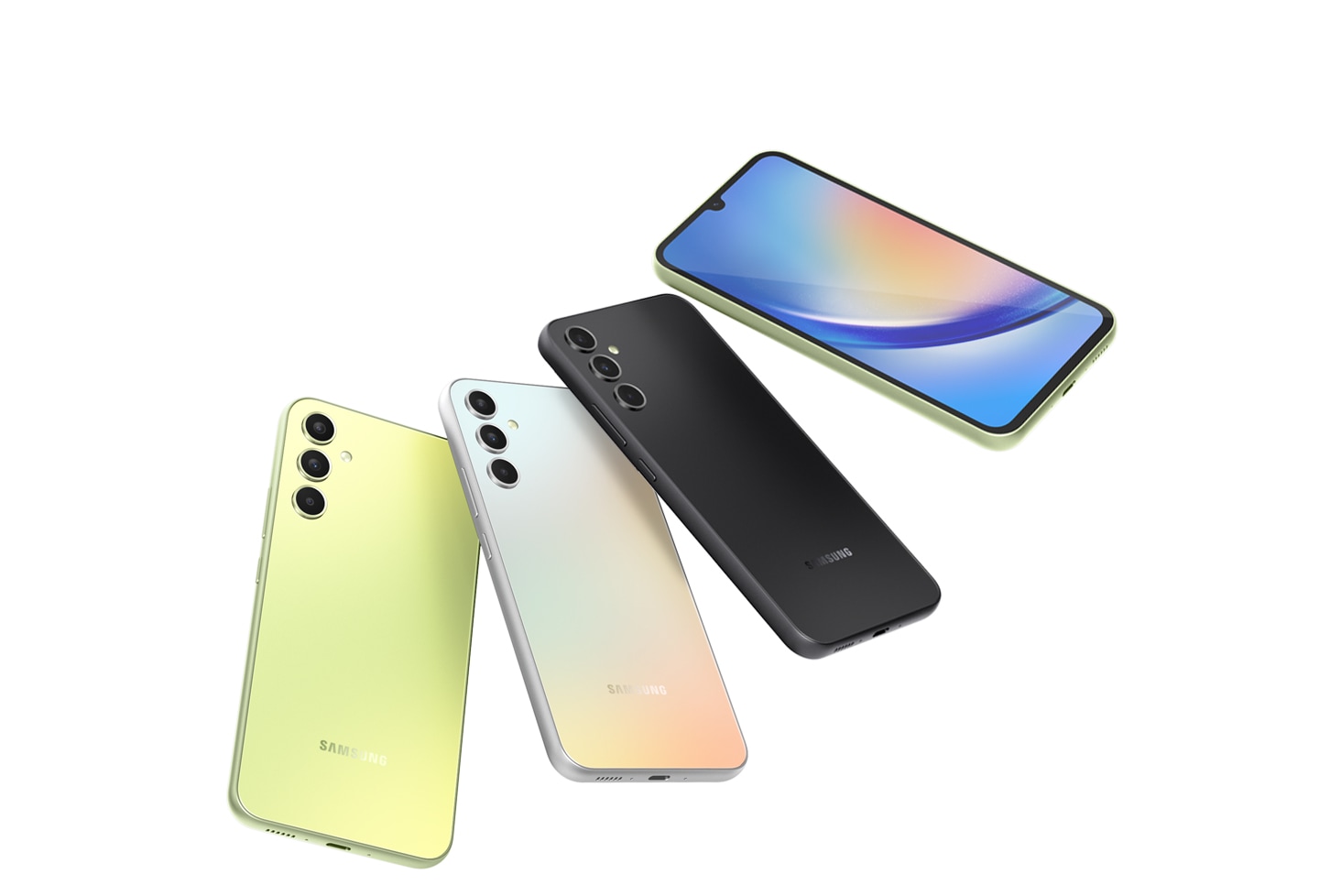 Five Galaxy A34 5G devices are fanned out. Four devices in Awesome Lime, Awesome Silver, Awesome Violet and Awesome Graphite show their backsides while the top most device, in Awesome Lime, shows the screen.