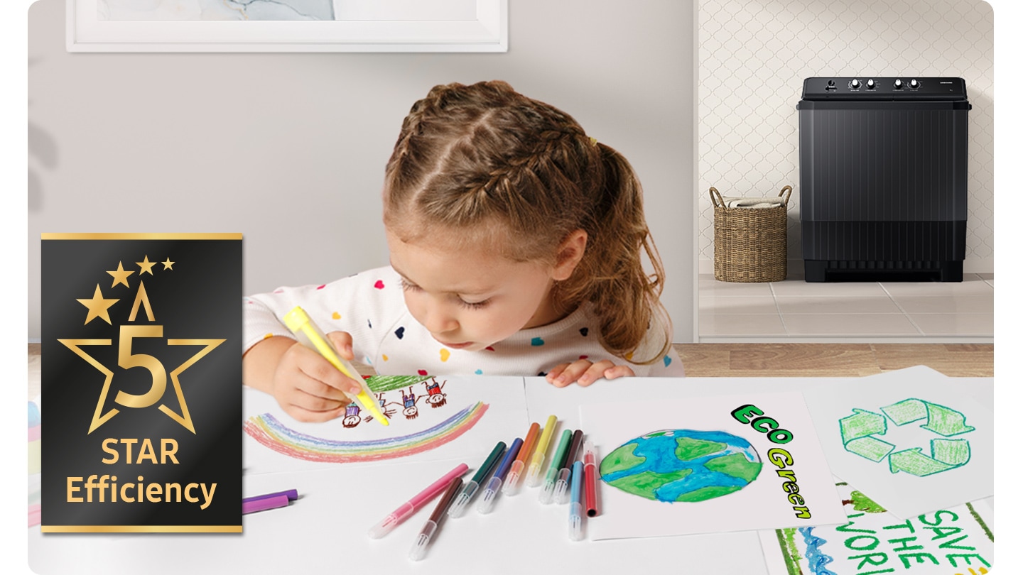 A child is drawing an image related to energy saving, and the WT4500BM product stands behind her. The 5-star efficiency logo is on the side.