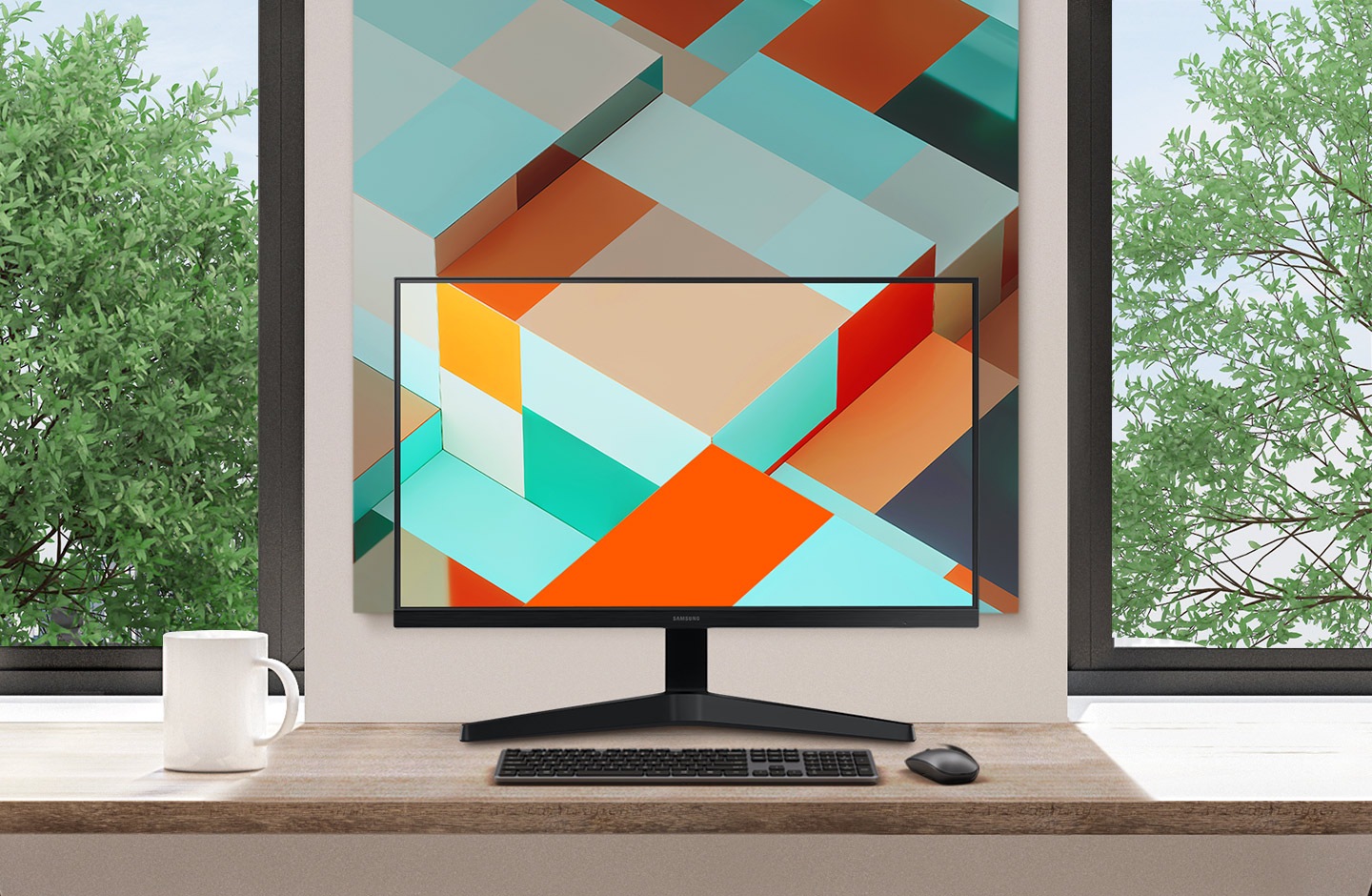 A desk is placed by the window. The screen of the monitor on the desk and the picture on the wall look like a single picture due to the thin bezel of the monitor.