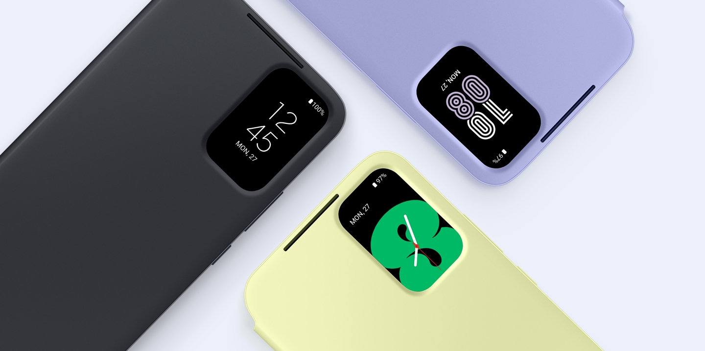 Three Galaxy devices wearing Smart View Wallet Cases in Black, Lime and Blueberry are placed to show each of their small display windows showing the time and date in different styles.