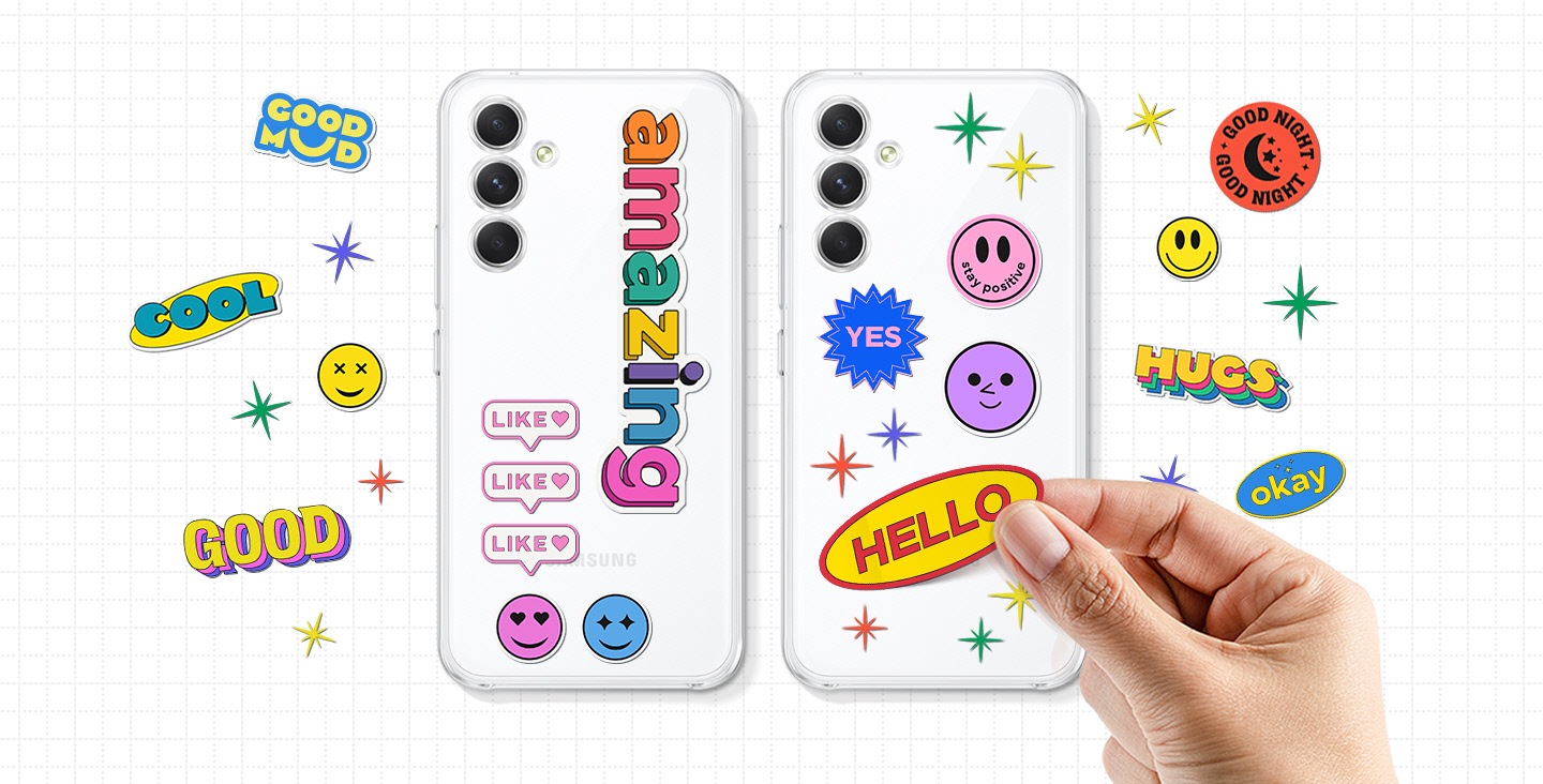 Two white Galaxy devices wearing Clear Cases are surrounded and decorated by various stickers as a hand sticks another one on the right Clear Case.