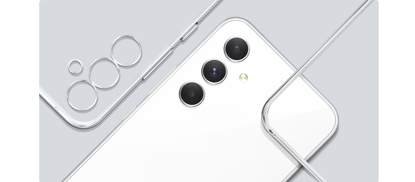 A white Galaxy device showing its back is surrounded by two Clear Cases to its left and right.