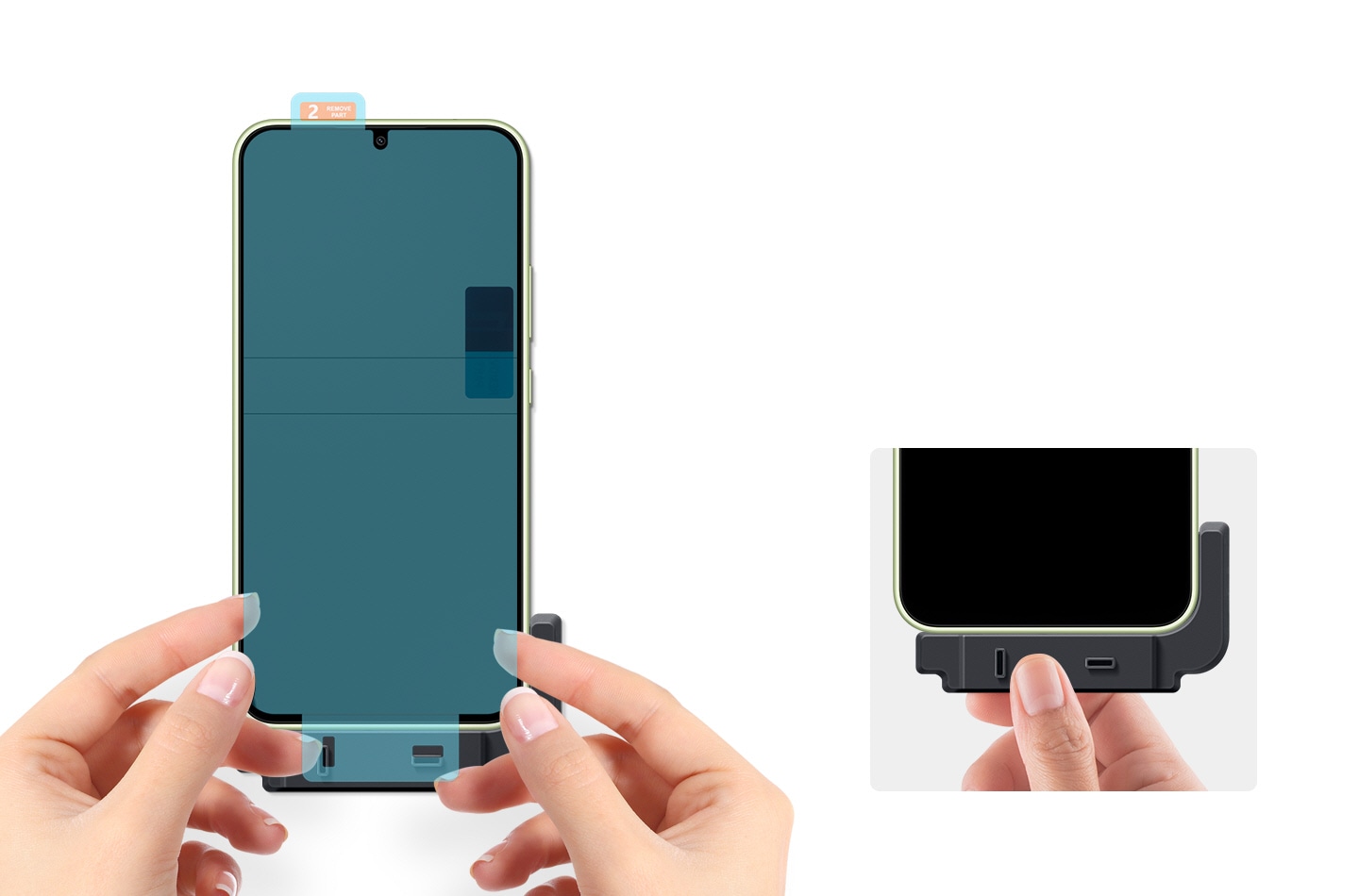 On the left, two hands are using the provided frame to cleanly install the Screen Protector. On the right, a hand holds up part of the frame after finishing an easy installation.