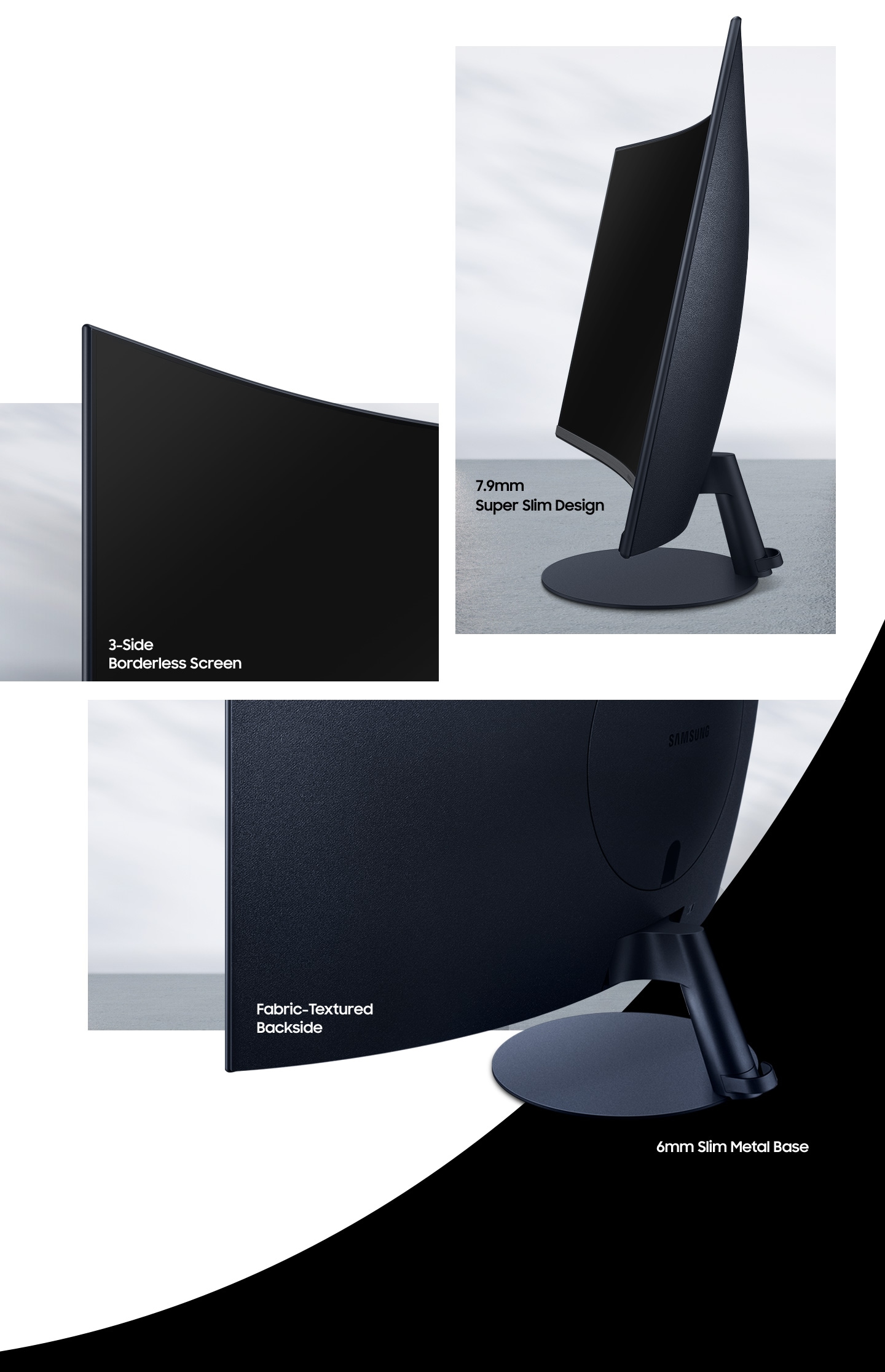 S3 Monitor's 7.9mm Super Slim Design, 3-side Borderless Screen, Fabric-Textured Backside, and 6mm Slim Metal Base.