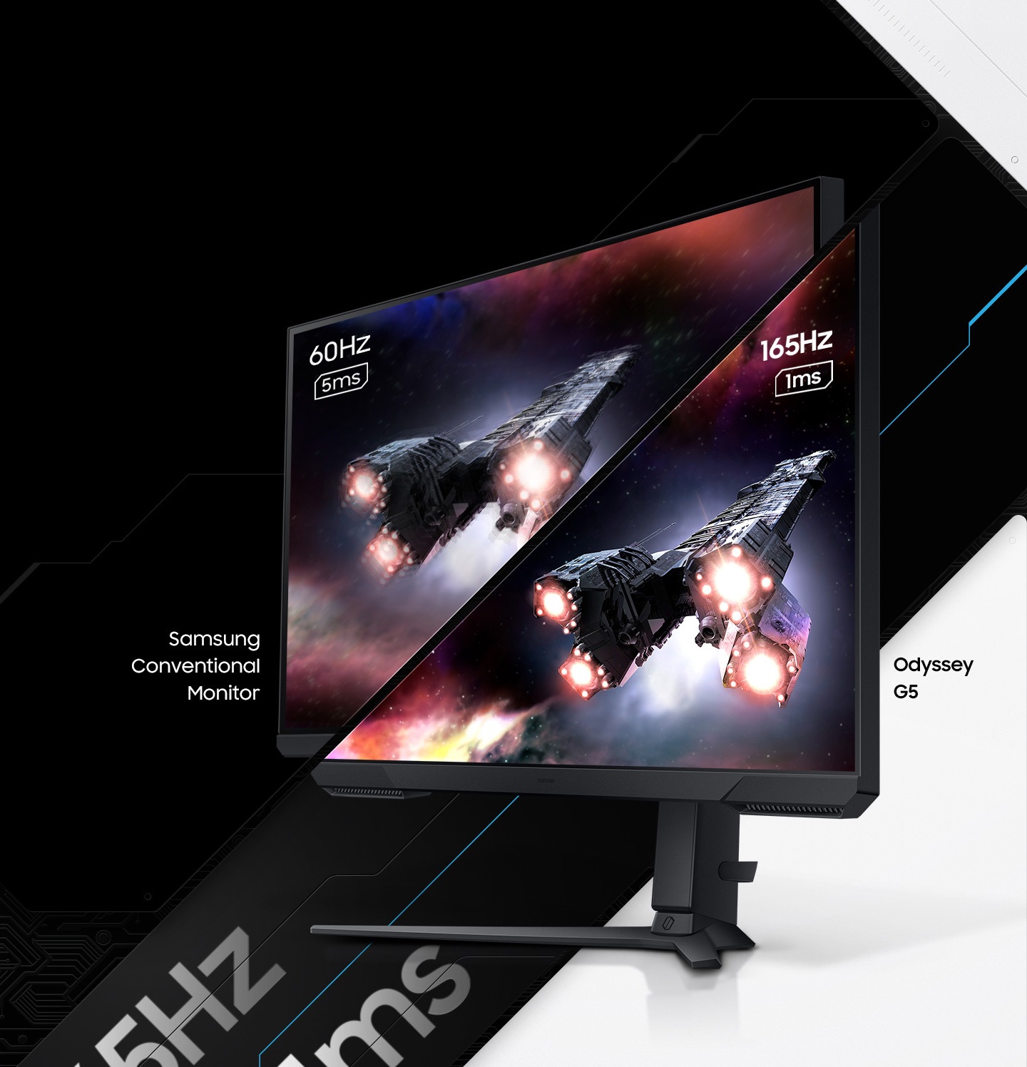 A monitor which is seen from its right side shows two spaceships blasting off into space. The monitor is split in two to show the difference in display quality comparing two different refresh rates and response time, one for Samsung conventional monitor with 60Hz and 5ms and the other for Odyssey G5 with 165Hz and 1ms.