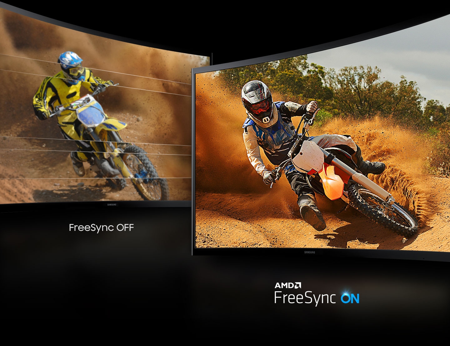 Comparison between FreeSync OFF and AMD FreeSync On. FreeSync OFF causes tearing in the image of the rider on the monitor, but the image of the rider on the AMD FreeSync monitor is clearly visible without obstruction.