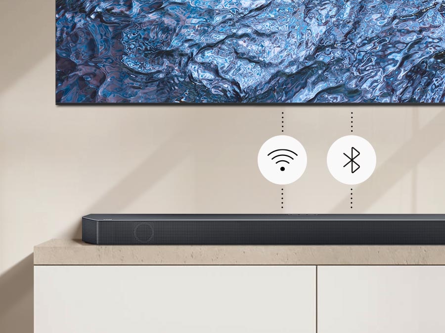 Sound being played through Soundbar connected to TV with Wi-Fi and Bluetooth.