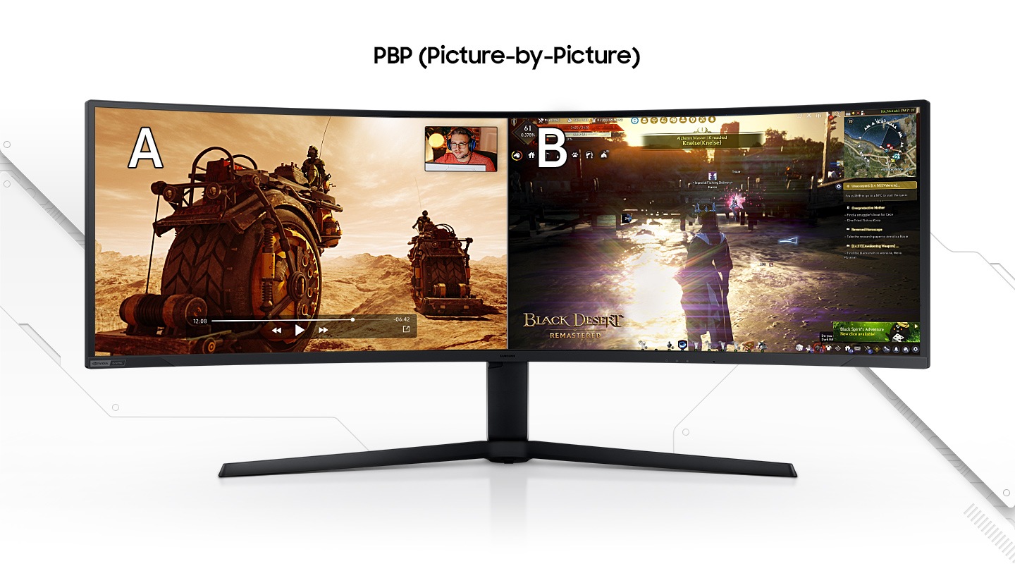 A monitor is shown with its screen split into two boxes with the words 'PBP (Picture-by-Picture)' displayed above. The left side with 'A' in the left upper corner shows a video of vehicles traveling across a desert. In the upper right, another streamer screen is shown within a separate box. The monitor's right side with 'B' in the left upper corner shows a third-person video game scene of 'Black Desert'.