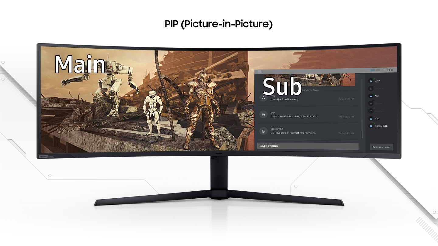 A monitor is shown with its screen split into two sides with the words 'PIP (Picture-in-Picture)' displayed above. A pop up window appears on the right side with 'Sub' in the left upper corner of the window showing a chat room. This is overlaid on top of a game being played which spans the length of both screen sides with 'Main' in the left upper corner. The game features three different robotic characters standing on a destroyed building.
