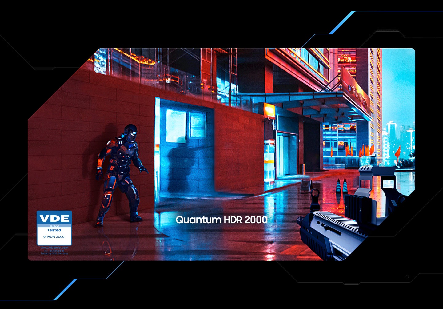 A video shows a first-person shooter game with 'Conventional' colors focused on the entrance of an alley with a 'VDE' badge displayed in the corner of the frame. Two black-and-white and color bars get longer and more sophisticated as it's changed from conventional to HDR. An enemy's shadow becomes m