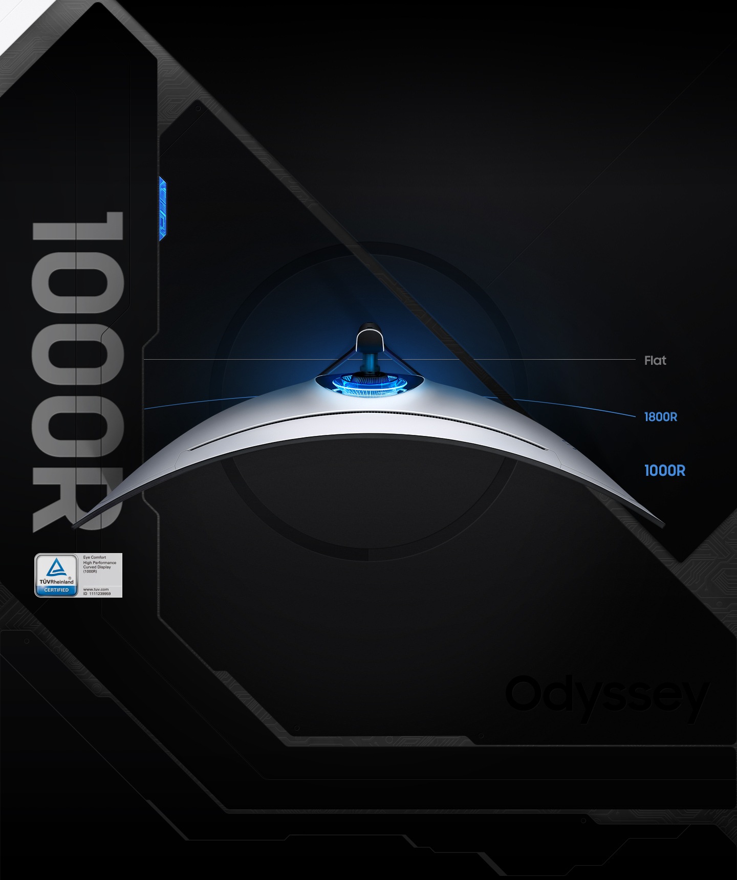 The top of a curved screen monitor is shown with the core lighting on its back lighting up in blue. The logo for TUV is located in the left lower corner. Lines next to the monitor also represent curvatures of flat and 1800R monitors for comparison against 1000R.
