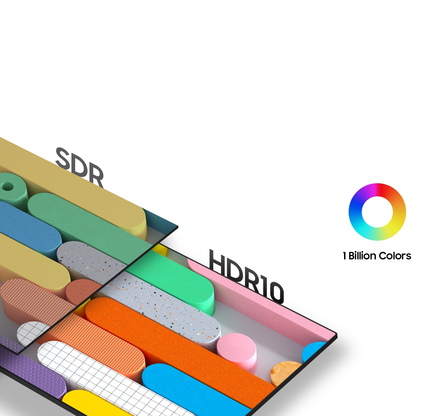 A brightly colored set of shapes is split into two squares. The left side shows SDR while the right side shows HDR10 and its enhanced color benefits.