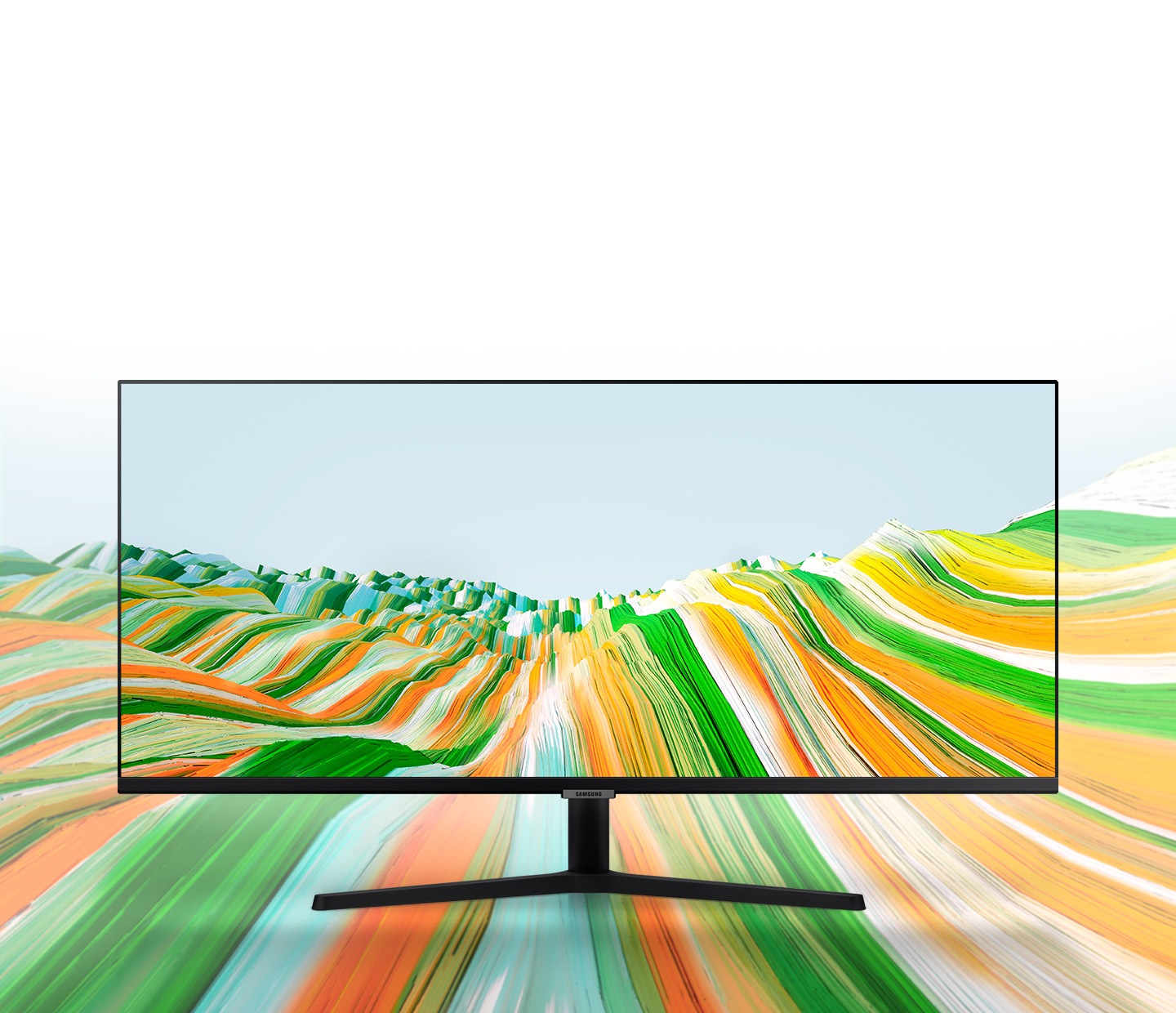 S50GC monitor Is placed with the colorful mountains in the background and displaying the same background on the screen to show the bezel-less design.