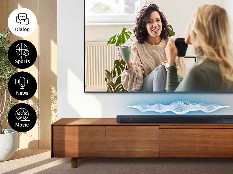 TV shows scenes corresponding to dialogue, sports, news and movie icons on the left. As the onscreen scene changes, the Soundbar shows changing audio waves as sound is optimized to the content.