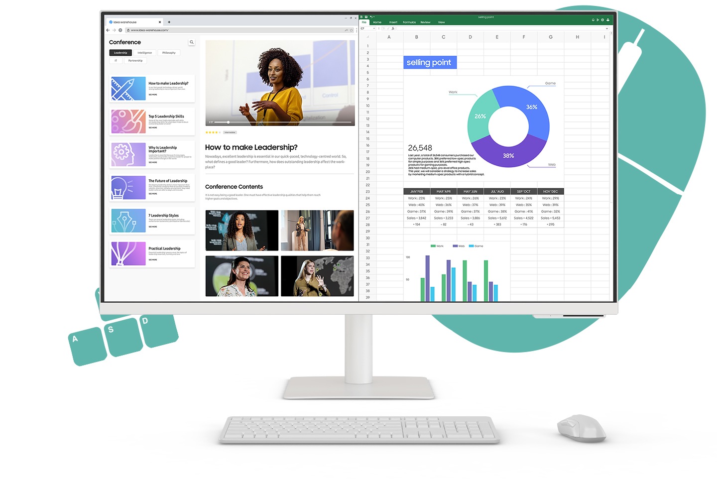 There is a Smart Monitor with shown on a web browser, connected with a desktop, and the desktop disappears. The screen is separated to two screen. On the left side of the screen, there is a web browser and on the right side, there is an Excel.