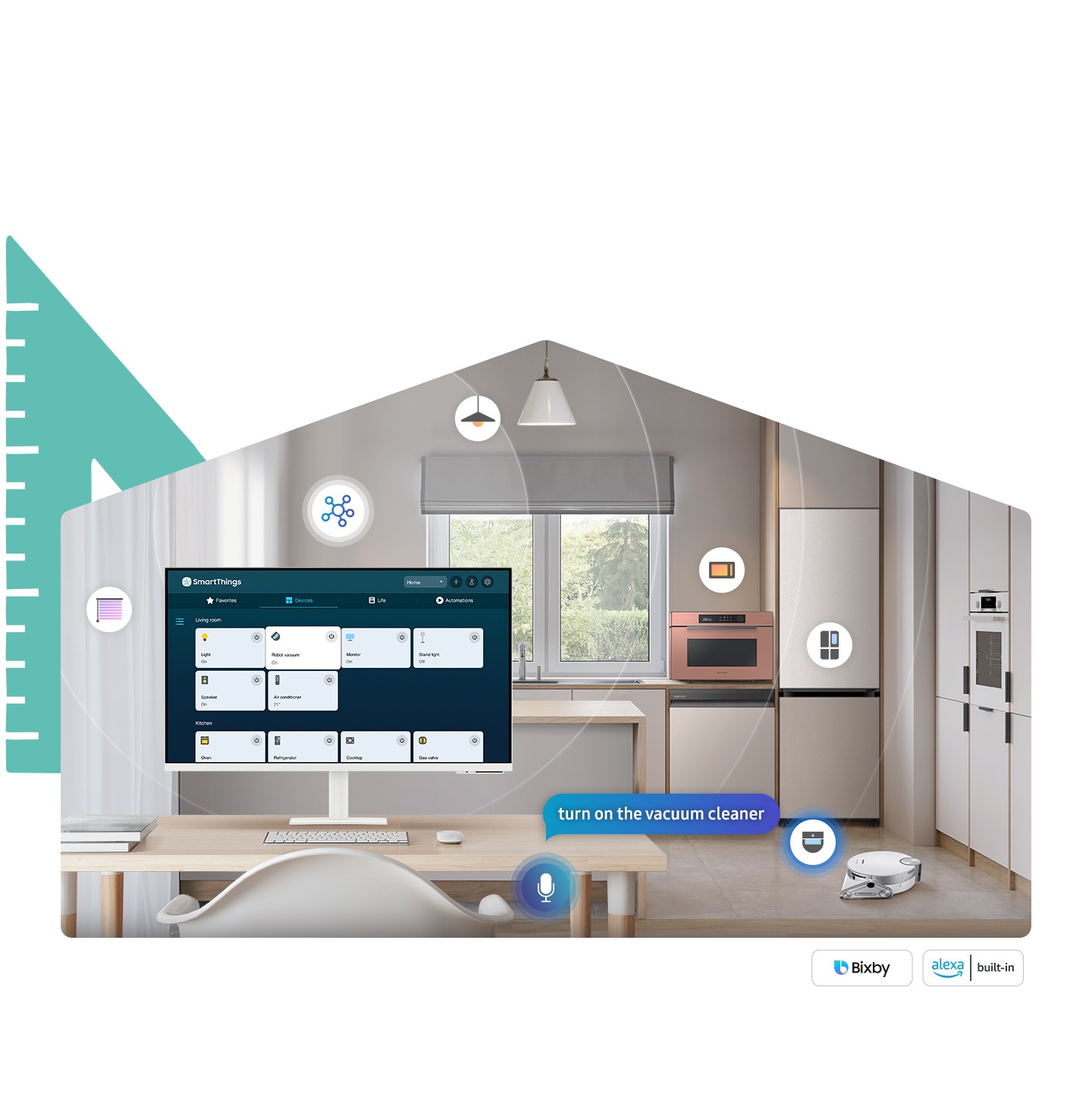 A room contains a desk with a monitor on top, a smart light, a smart curtain, a smart robot vacuum, a smart oven and a smart fridge. An icon representing each item is above each item. And there is a mic, saying "turn on the vacuum cleaner". On the bottom, there are Bixby and Alexa built-in logos.