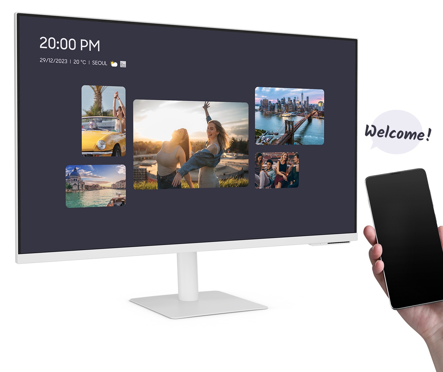 When a phone is near the monitor, the monitor screen is on and some information - time, weather, and images is shown. And 'welcome!' message appears as well. And when the phone is away from the monitor, the screen is off.