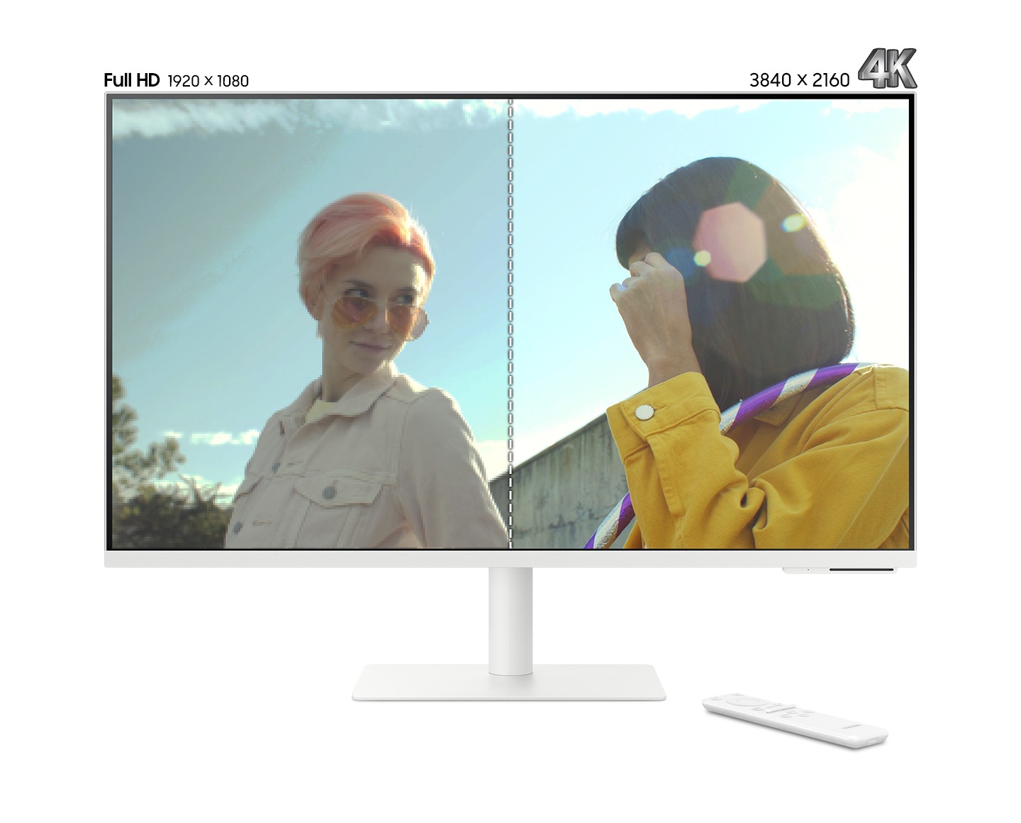 The screen, featuring with two women, is divided into half to compare the picture quality. On the left side of the screen is Full HD, 1920 x 1080 and on the right side of it is 4K, 3840 x 2160. At the end, the 4K screen fills up the whole screen and its picture quality shows clearer than Full HD.