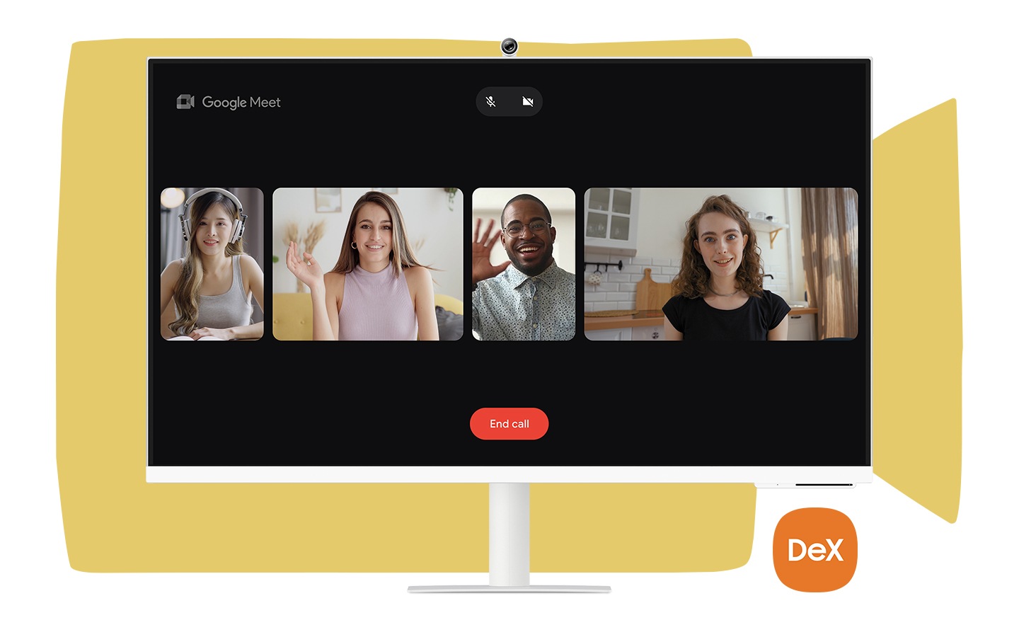 There is Google Meet screen with 3:1 call situation and next to it, a SlimFit camera is zoomed in, showing its angle's movement. And the video call screen with a woman on the right side becomes in full screen. A man appears and the angle moves showing both people well. Dex logo is below the monitor.