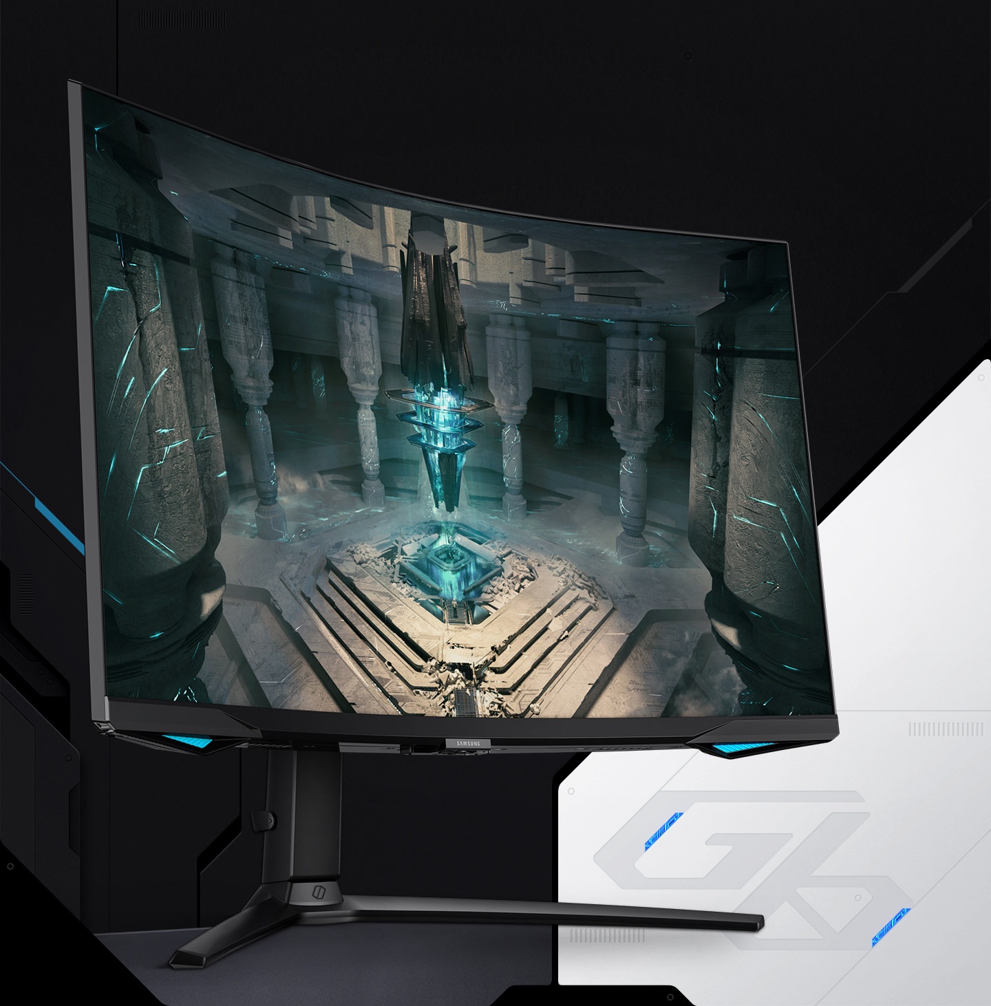 On the monitor display is a skyblue rocket ship with light emitting from its engine exhausts inside an underground cave. The rocket ship is set to launch out of the opening above, and surrounded by stone pillars and steps. "G6" logo is placed on the right side of the monitor stand.
