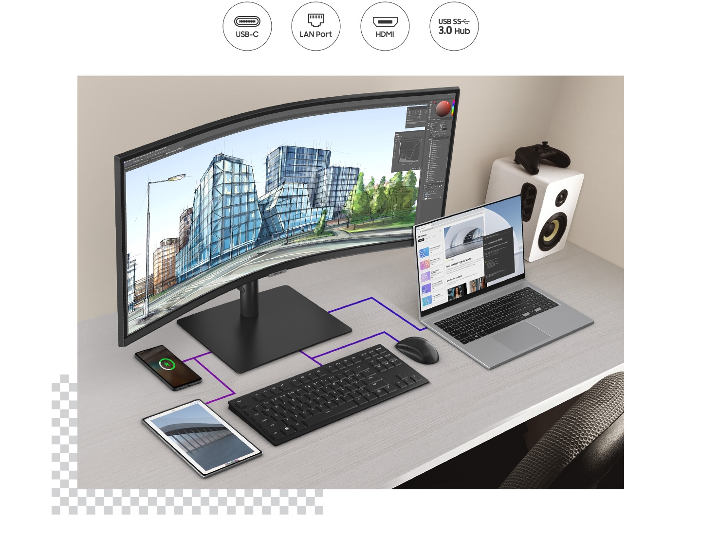 A monitor is connected with a laptop and other various devices. And there're some icons that represent the interface of the monitor - USB-C, LAN port, HDMI, and USB 3.0.