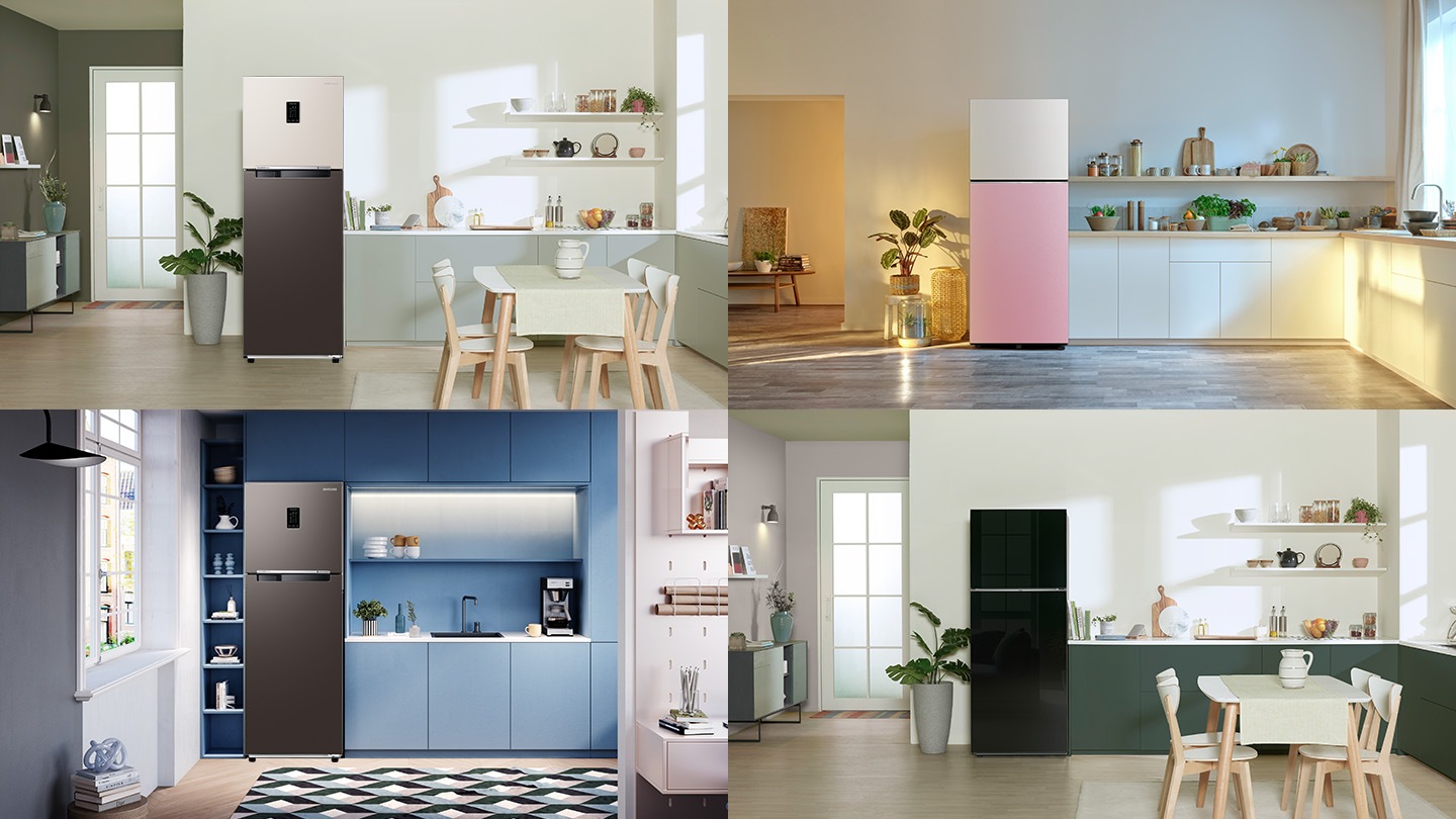 RT6300C of Clean White, Clean White and Clean Pink, Clean White and Clean Navy, Clean Black door are installed in kitchen of various interior design.